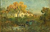Edward Mitchell Bannister Canvas Paintings - The Drinking Pool (man in cart with oxen at pool)